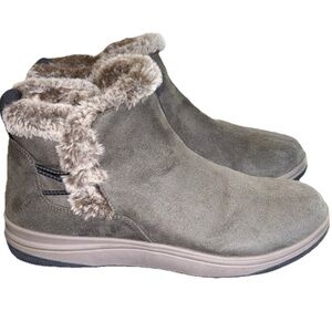 CLARKS CLOUD-STEPPERS OLIVE GREEN AND BROWN FAUX FUR TRIM SHOES ANKLE BOOTIES